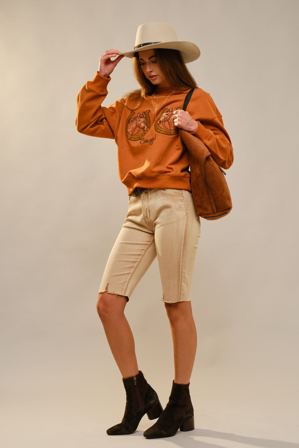 ROUND NECK HORSE EMBROIDERY SWEATSHIRT