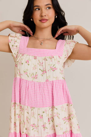 Summer is Calling Pink Floral Lace Gingham Dress