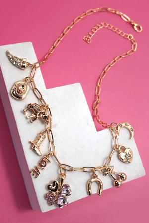 CHARM NECKLACE-WESTERN BOOTS HAT HORSESHOE HEART