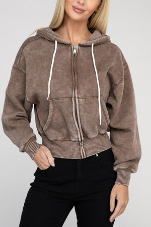 Let's Bounce Acid Wash Fleece Cropped Zip-Up Hoodie