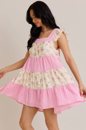 Summer is Calling Pink Floral Lace Gingham Dress