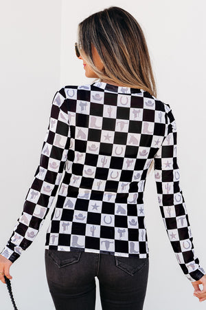 Black Checkerboard Western Elements Printed Mesh Long Sleeve Top