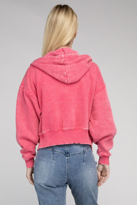 Let's Bounce Acid Wash Fleece Cropped Zip-Up Hoodie