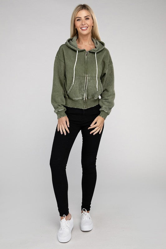 Let's Bounce Acid Wash Fleece Cropped Zip-Up Hoodie