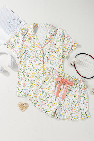 White Floral Print Contrast Pipping Short Pajamas Set