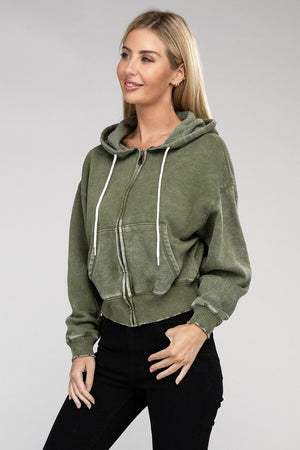 Let's Bounce Acid Wash Fleece Cropped Zip-Up Hoodie