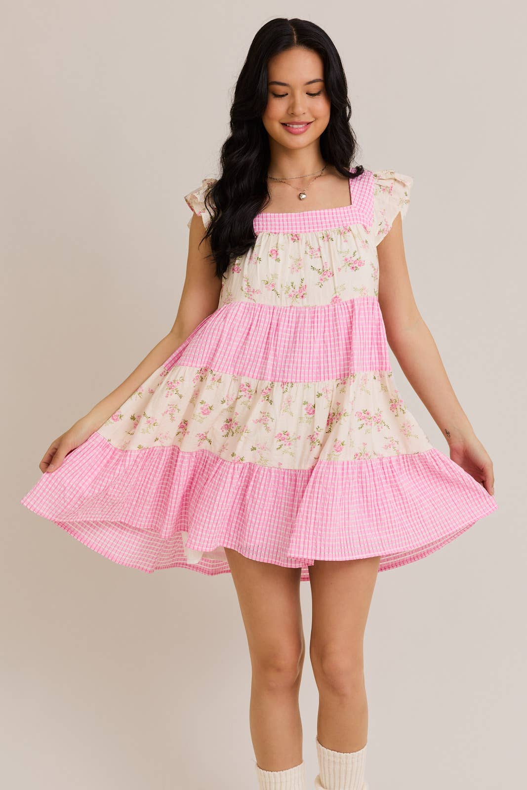 Summer is Calling Pink Floral Lace Gingham Dress