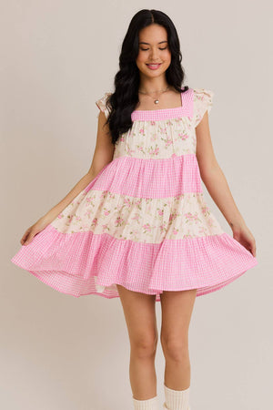 Summer is Calling Pink Floral Lace Gingham Dress