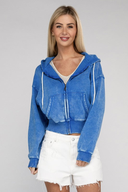 Let's Bounce Acid Wash Fleece Cropped Zip-Up Hoodie