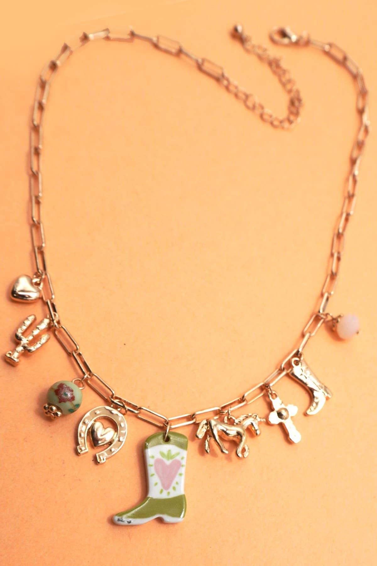 CHARM NECKLACE-WESTERN BOOT HORSE CROSS CHARM