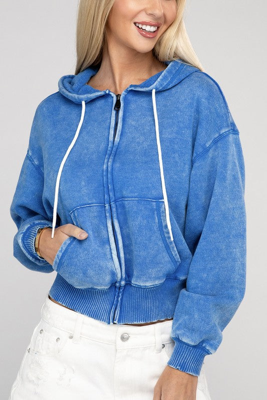 Let's Bounce Acid Wash Fleece Cropped Zip-Up Hoodie