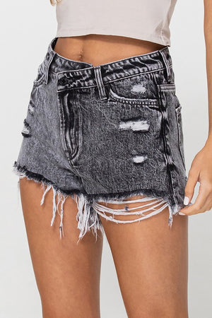 High Rise Black Acid Wash Shorts