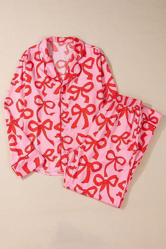 2pcs Bow Print Shirt Style Long Sleeve Pajama Set