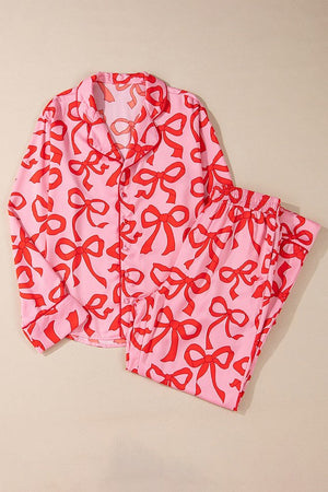 2pcs Bow Print Shirt Style Long Sleeve Pajama Set