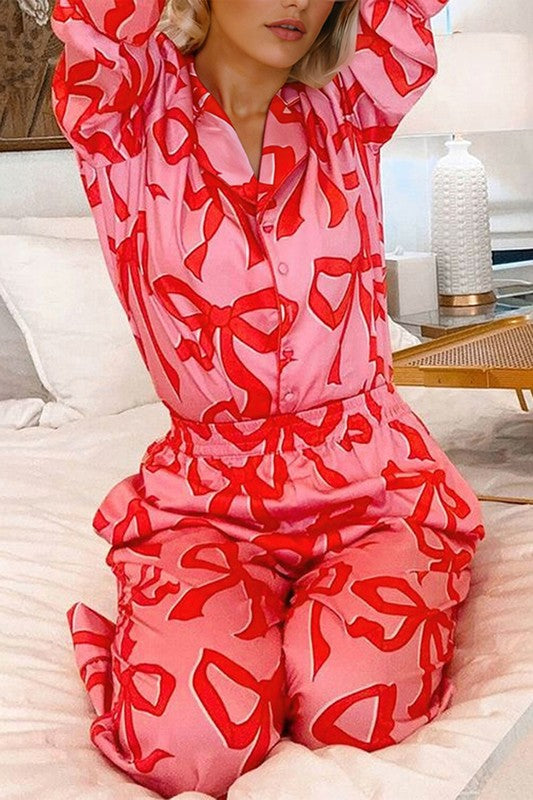 2pcs Bow Print Shirt Style Long Sleeve Pajama Set