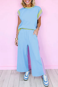 Sky Blue Color Block Detail Casual Two-piece Outfit