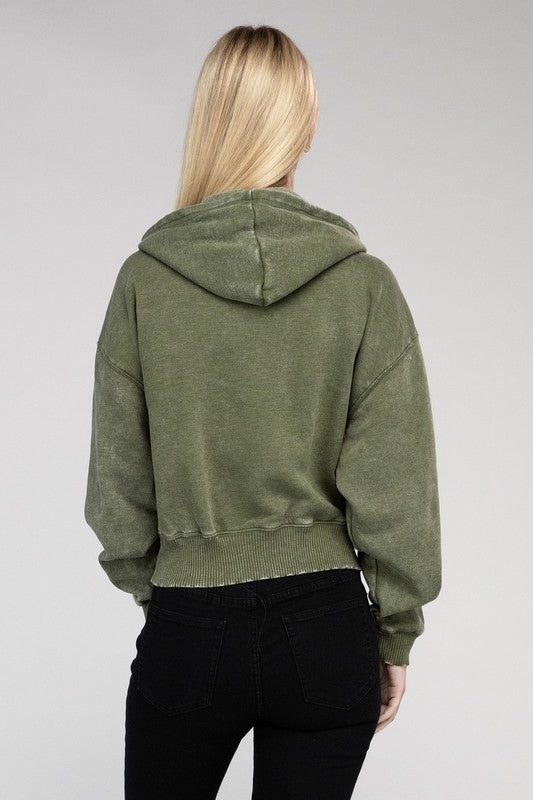 Let's Bounce Acid Wash Fleece Cropped Zip-Up Hoodie