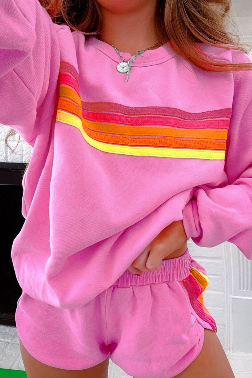 Take a Trip Bonbon Striped Accent Pullover and Shorts Two Piece Casual Set