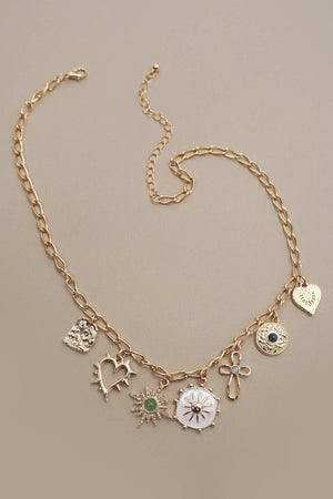 CHARM NECKLACE-HEART CROSS SUNBURST STONE